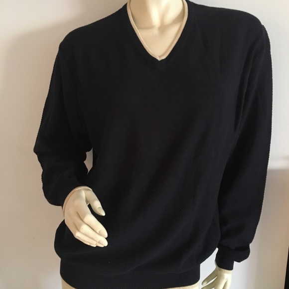 Barneys dark navy v-neck sweater with tan trim size small - Picture 2 of 7